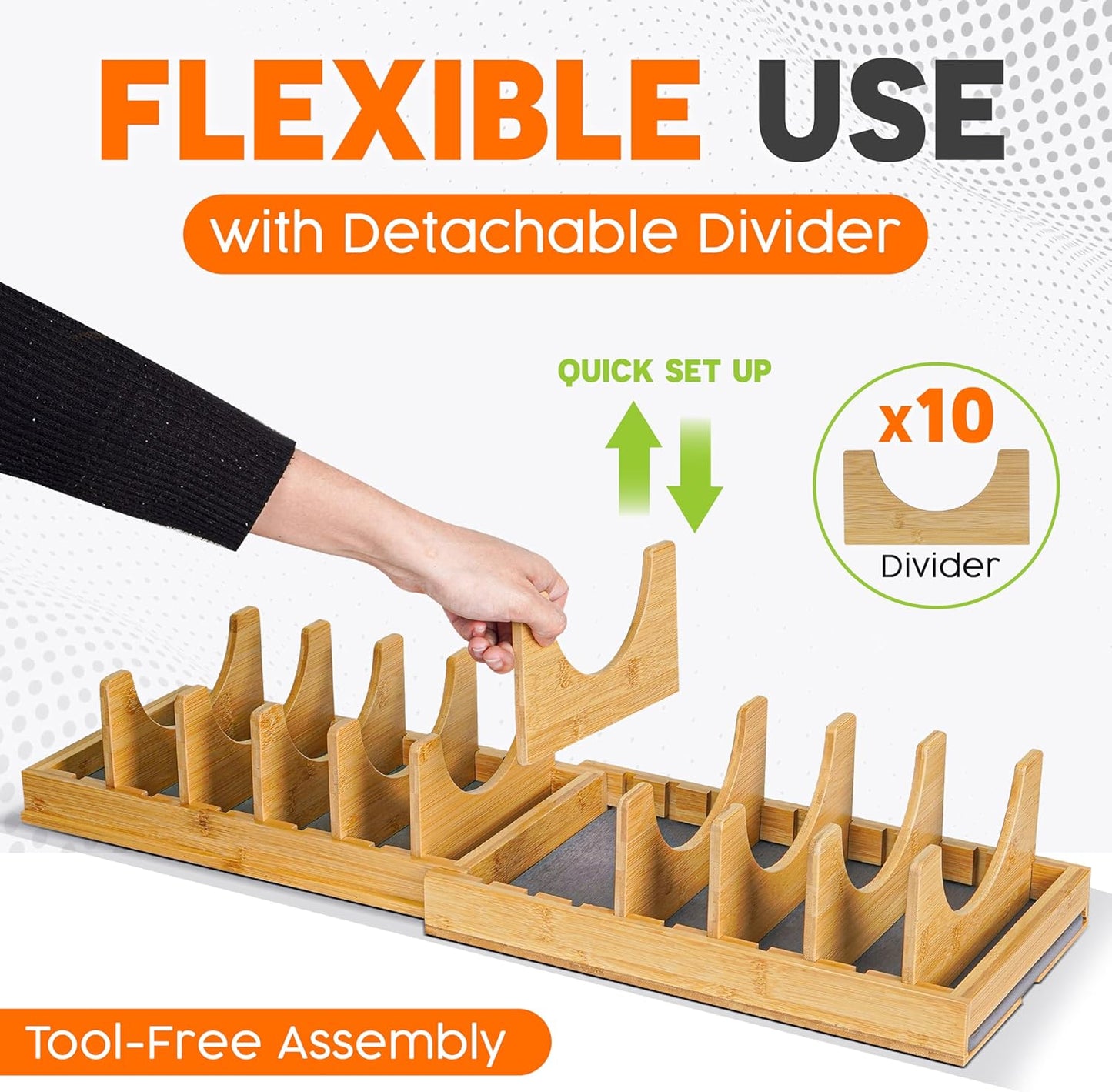 [Adjustable] Bamboo Pots and Pans Organizer under Cabinet, Expandable Bakeware & Cutting Board Organizers with Diatomaceous Earth Base & 10 PCS Adjustable Dividers, Tray Organizer for Kitchen Storage