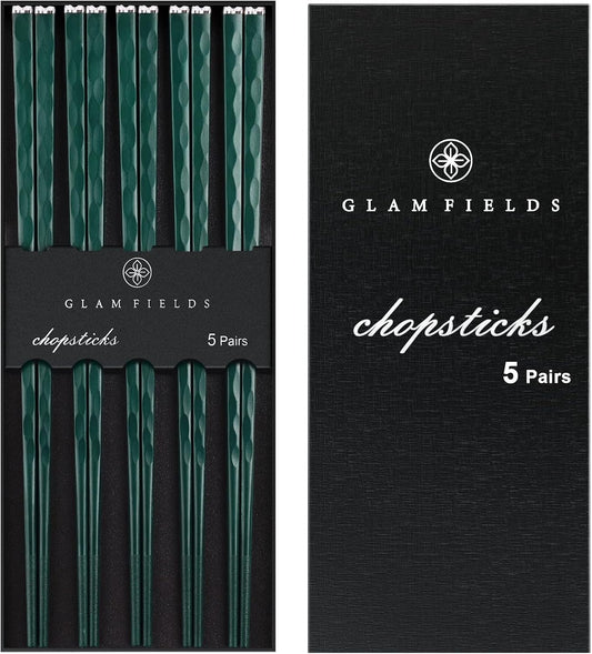 GLAMFIELDS 5 Pairs Chopsticks Reusable, Premium Fiberglass Chop sticks Dishwasher Safe for Sushi Ramen, Non-slip, 9 1/2 inches - Gift Set Green with Silver Plated