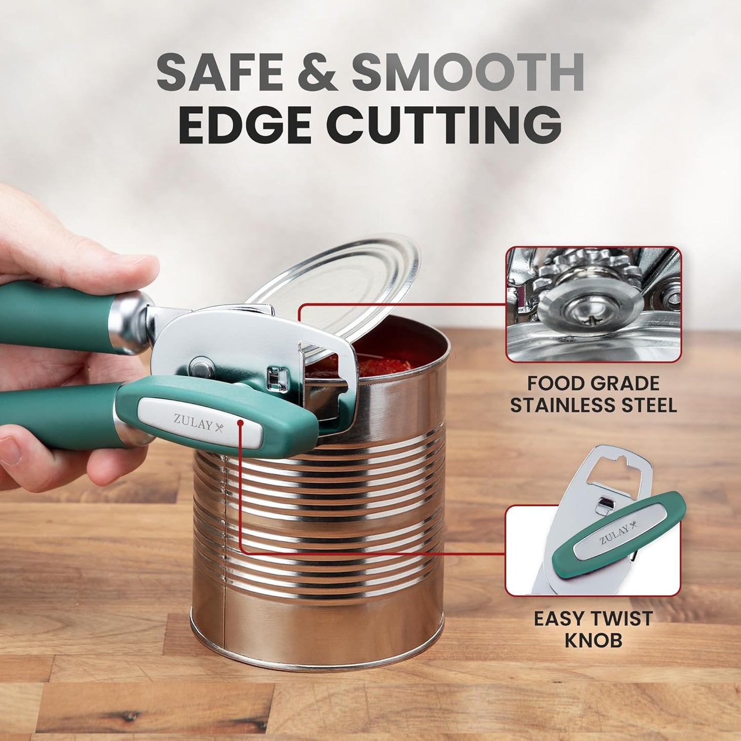 Zulay Kitchen Heavy Duty Stainless Steel Can Opener Manual with Bottle Opener - Rust Proof Manual Can Opener With Turn Knob & Comfy Soft Grip Handles - Pine Green