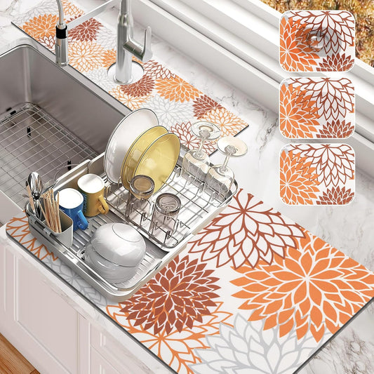 Findosom 2PCS 16" x 24" Dish Drying Mat & 24" x 5.5" Sink Splash Guard, Super Absorbent & Cuttable Dish Mat Drying Kitchen Mat with Orange Floral, Hide Stain Drying Mat for Kitchen Counter