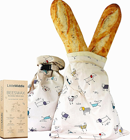 2 XL Beeswax Bread Bags for Homemade Sourdough, Produce, Sandwiches & Lunchbox Use - Reusable Bread Storage Bags, Washable (2-Pack)