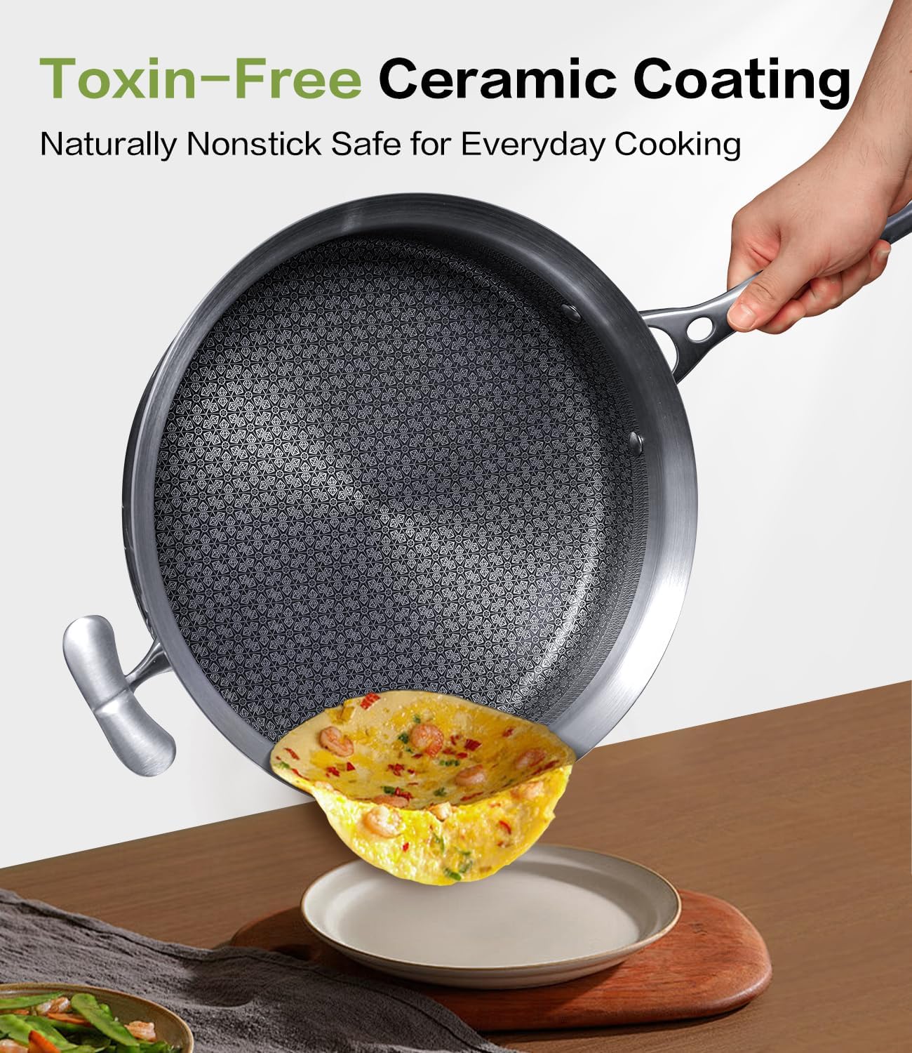 Stainless Steel Ceramic Cookware Set 6Pcs Pots and Pans Set Non Stick Steam-Return Lids 5 Ply Induction Non-Toxic Oven Safe Professional Kitchen Cooking Heavy Chef Quality | PFOA,PTFE & PFOS Free