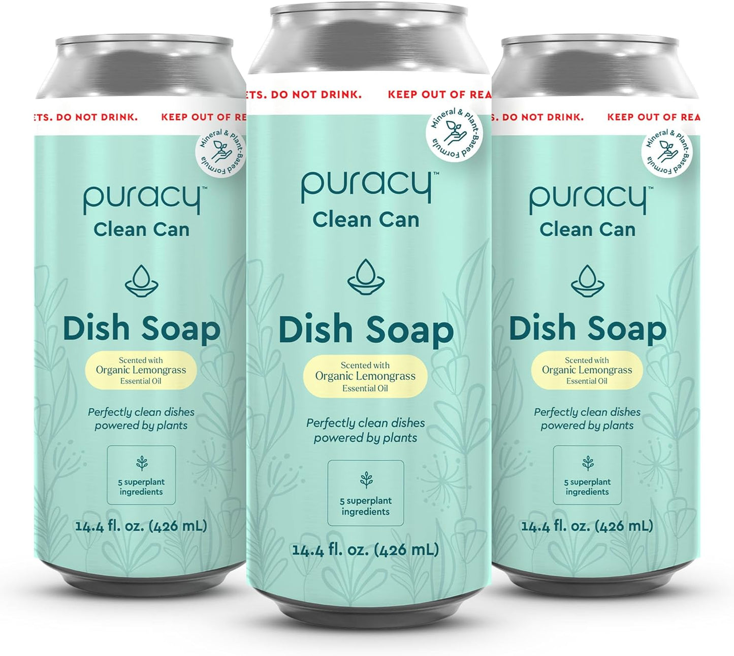 Puracy Natural Dish Soap Clean Can Refill Packs- Plant-Based Dishwashing Soap, Non-Toxic Dish Soap, Natural Liquid Dishwashing Detergent Soap As Seen on TikTok (Organic Lemongrass, 14.4 fl oz, 3 Pack)