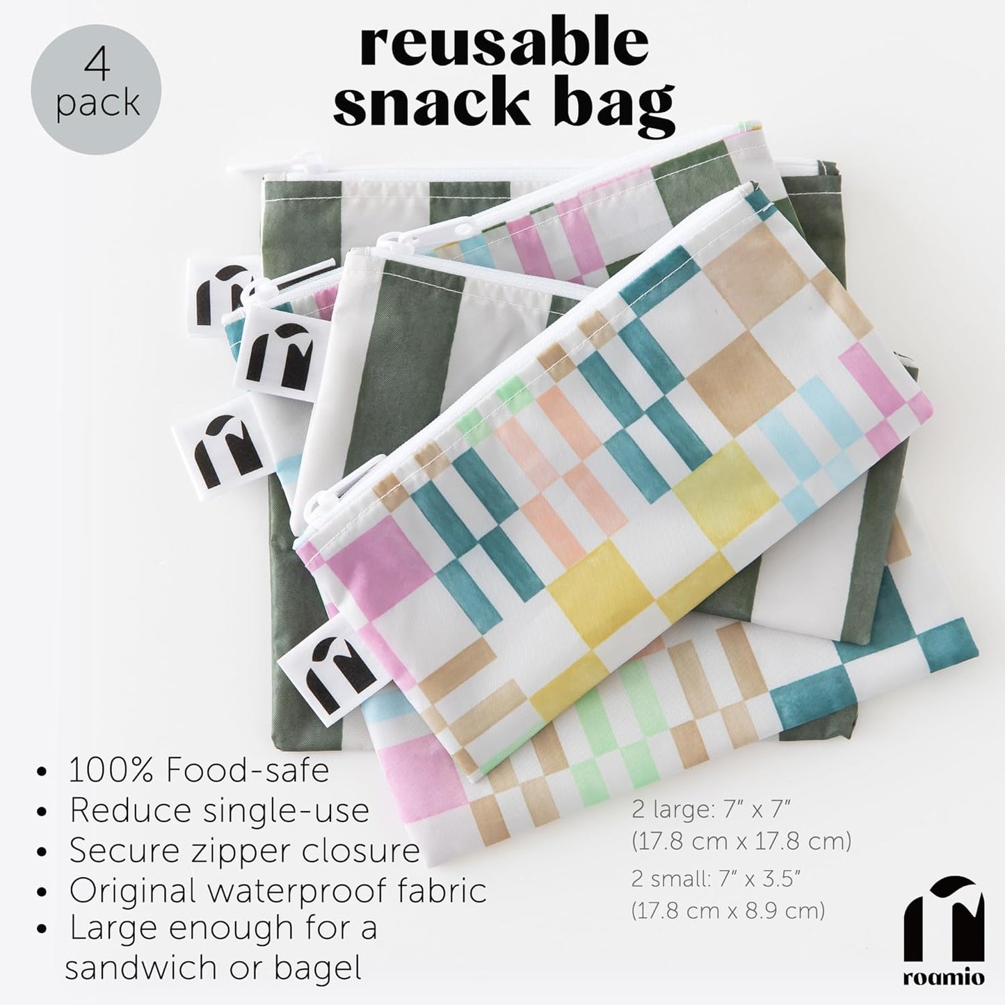 Roamio Reusable Sandwich and Snack Bags, for Kids School Lunch and for Adults Portion, Washable Fabric, Waterproof Cloth Zip Bag, Pack Travel Pouch, Food-Safe, 4-pack Set Green Stripe and Multi Check