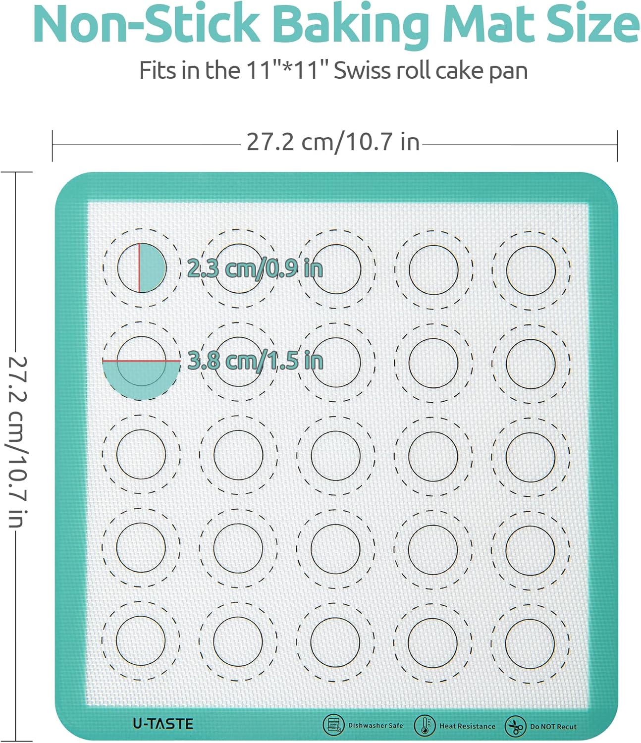 446ºF Heat Resistant Macaron Mat: U-Taste 11x11in Non Stick Silicone Baking Mat, Reusable Cookies Pastry Sheet Liner with Edge Enhancement & Circle Measurement for Square Cake Pan (Aqua Sky)