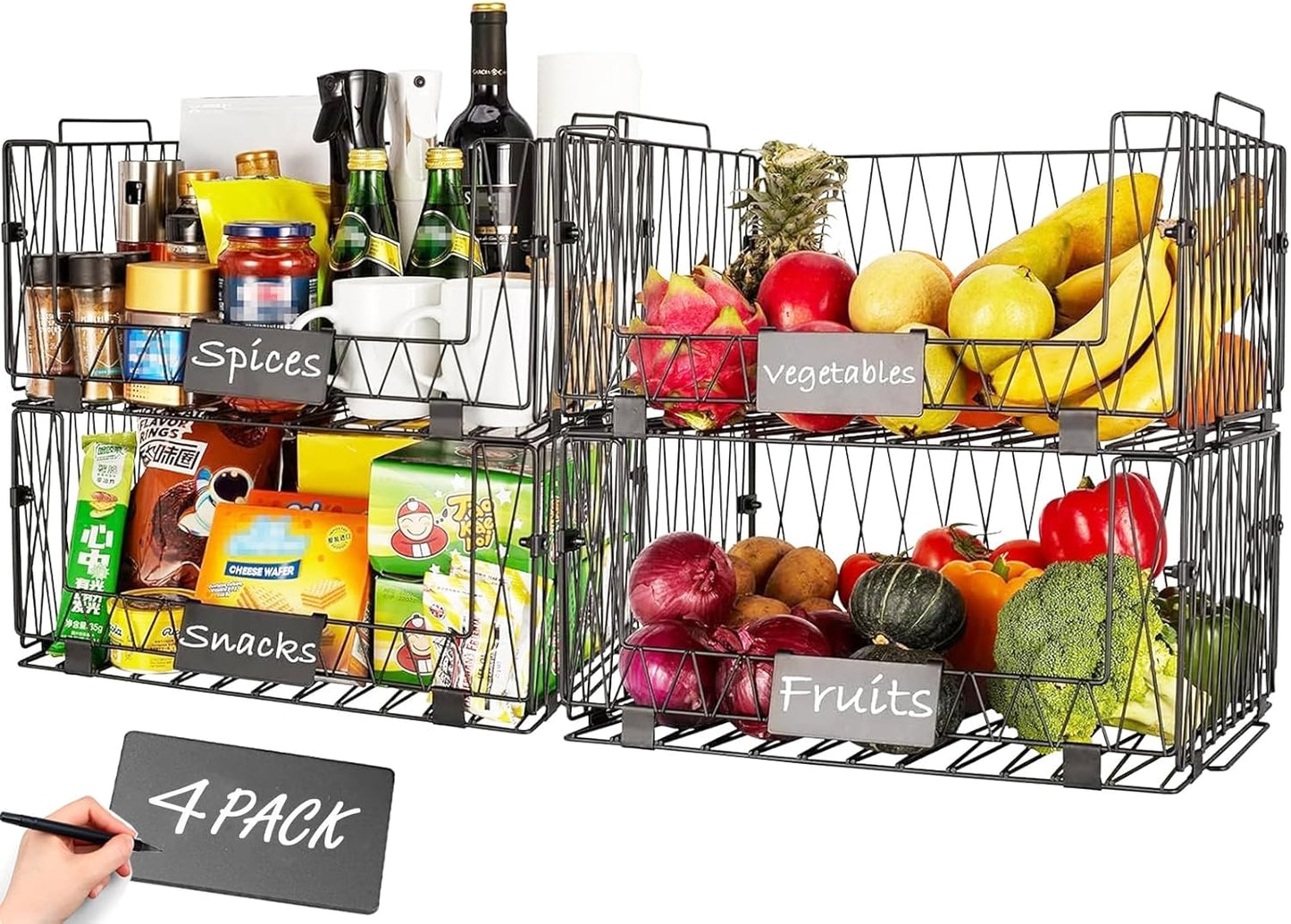 4 PACKS XXL Kitchen Organization and Storage Pantry Baskets, Fruit & Vegetable Basket for Kitchen Cabinet, Stackable Wire Baskets for Snack Chips Onion Potato Cans