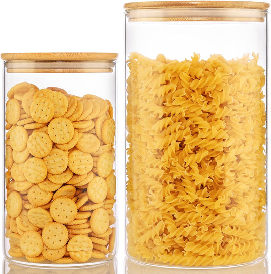 Extra Large Glass Flour and Sugar Storage Containers with Airtight Lid,132 floz x1 & 65 floz x1 [Set of 2] Big Glass Jars with Bamboo Lids, Air Tight Food Jar for Cereal, Pasta, Rice, Coffee