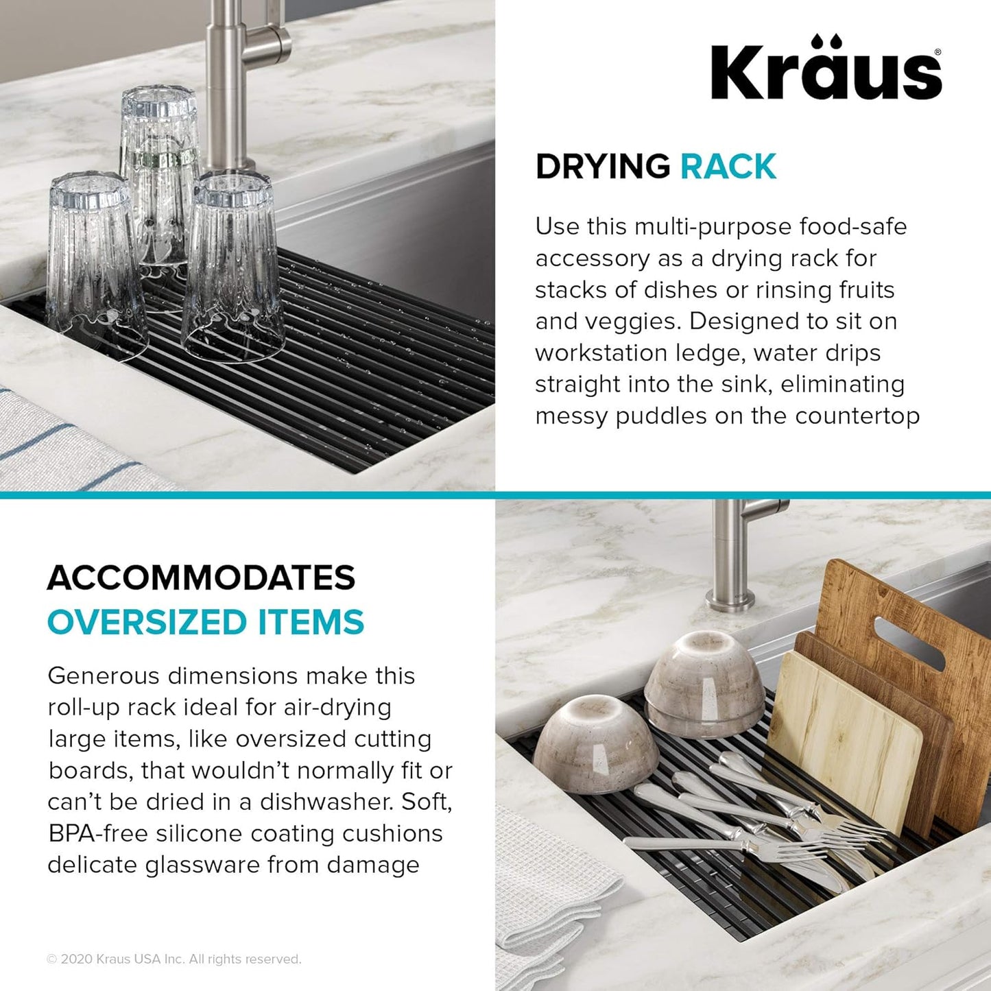 KRAUS Multipurpose Workstation Sink Roll-Up Dish Drying Rack, Colander and Trivet in Aqua, KRM-11AQ