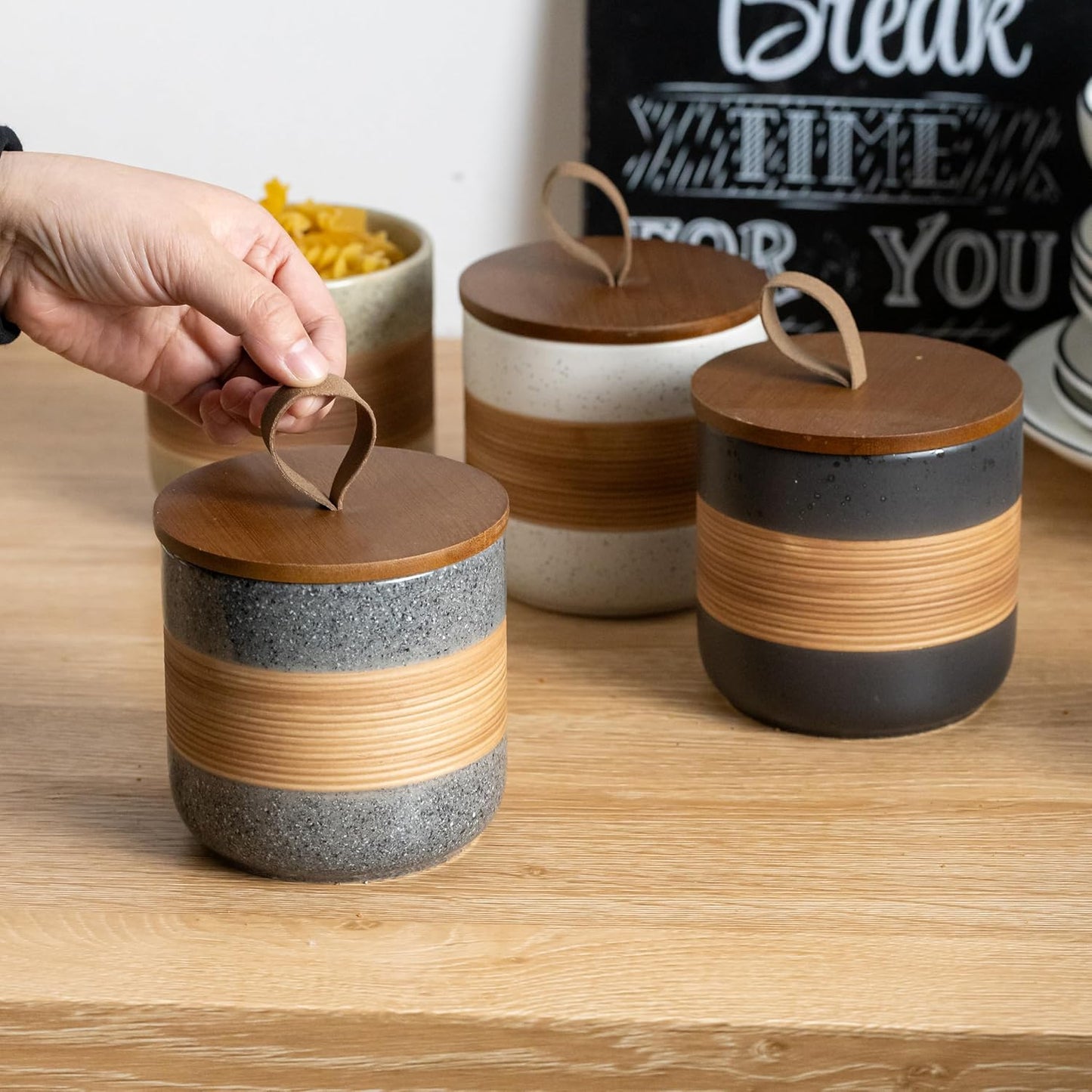 Ceramic Jar with Lid Airtight, Coffee Container Kitchen Food Storage Jars for Spice Sugar Tea Bag, Stackable Decorative Jars for Countertop, Grey & 18 fl.oz