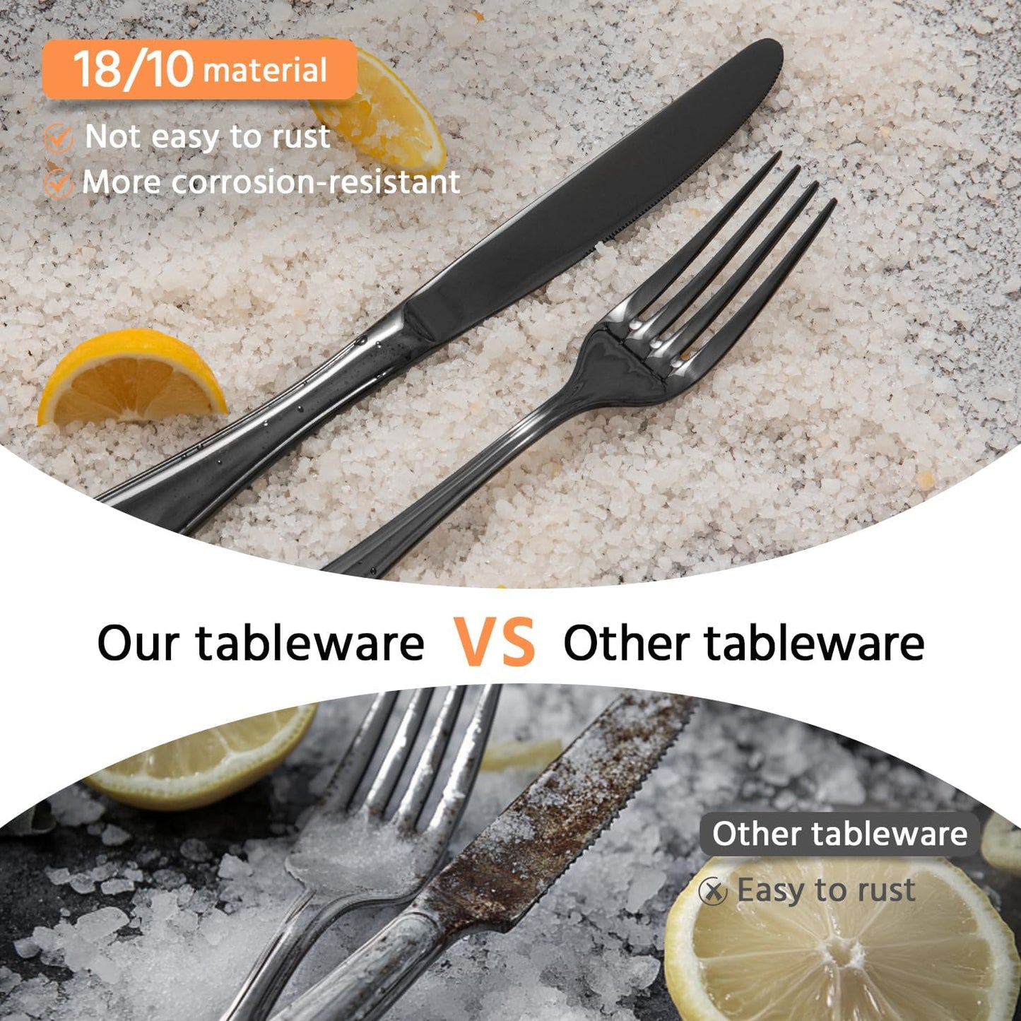 KINGSTONE 60 Piece Teardrop Silverware Set for 12, 18/10 Stainless Steel Flatware Set, Modern Design Cutlery Set for Home/Hotel/Wedding,Mirror Polished and Dishwasher Safe, Black