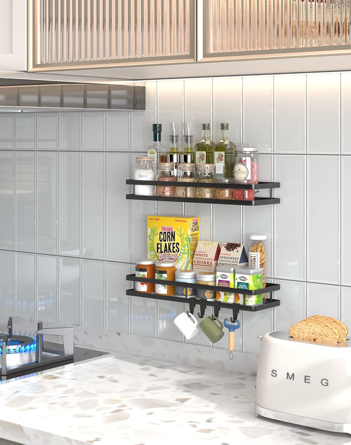 Spice Rack Organizer Wall Mount - 15.7in 2Pack [Upgraded Version] Hanging Seasoning Organizer Shelf with Paper Towel Holder, Storage for Cabinet or Wall Mounted with 4 Strong Hooks (Simple black)