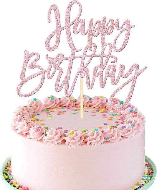 1 PCS Happy Birthday Cake Topper Glitter Cake Pick for Celebrating Anniversary Theme Party Cake Decorations Supplies Light Pink