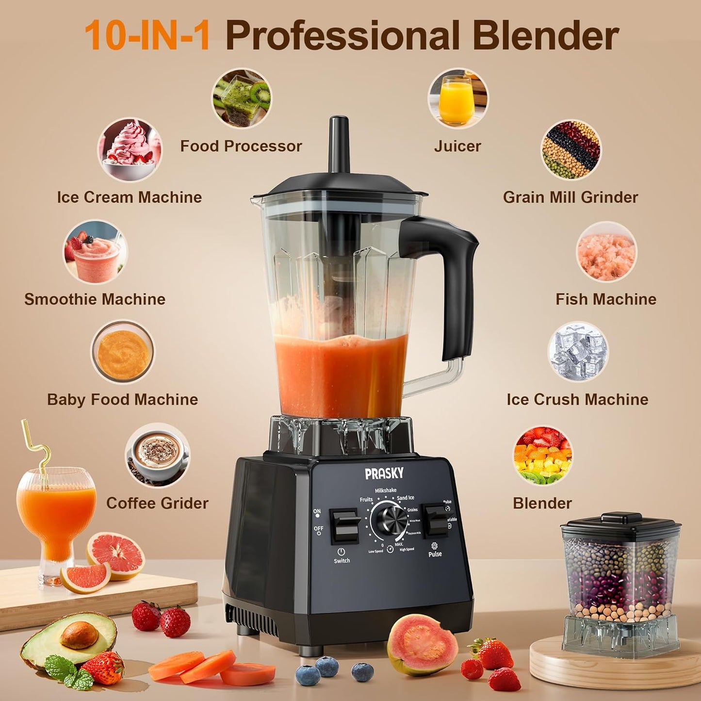 Professional Blender,Smoothies Blenders, PRASKY Max.2400Watts/1000Watts Blender and Grinder Combo 25000RPM Powerful Kitchen 68oz BPA Free 2 Containers Countertop Blenders Ice Crushing, Juice