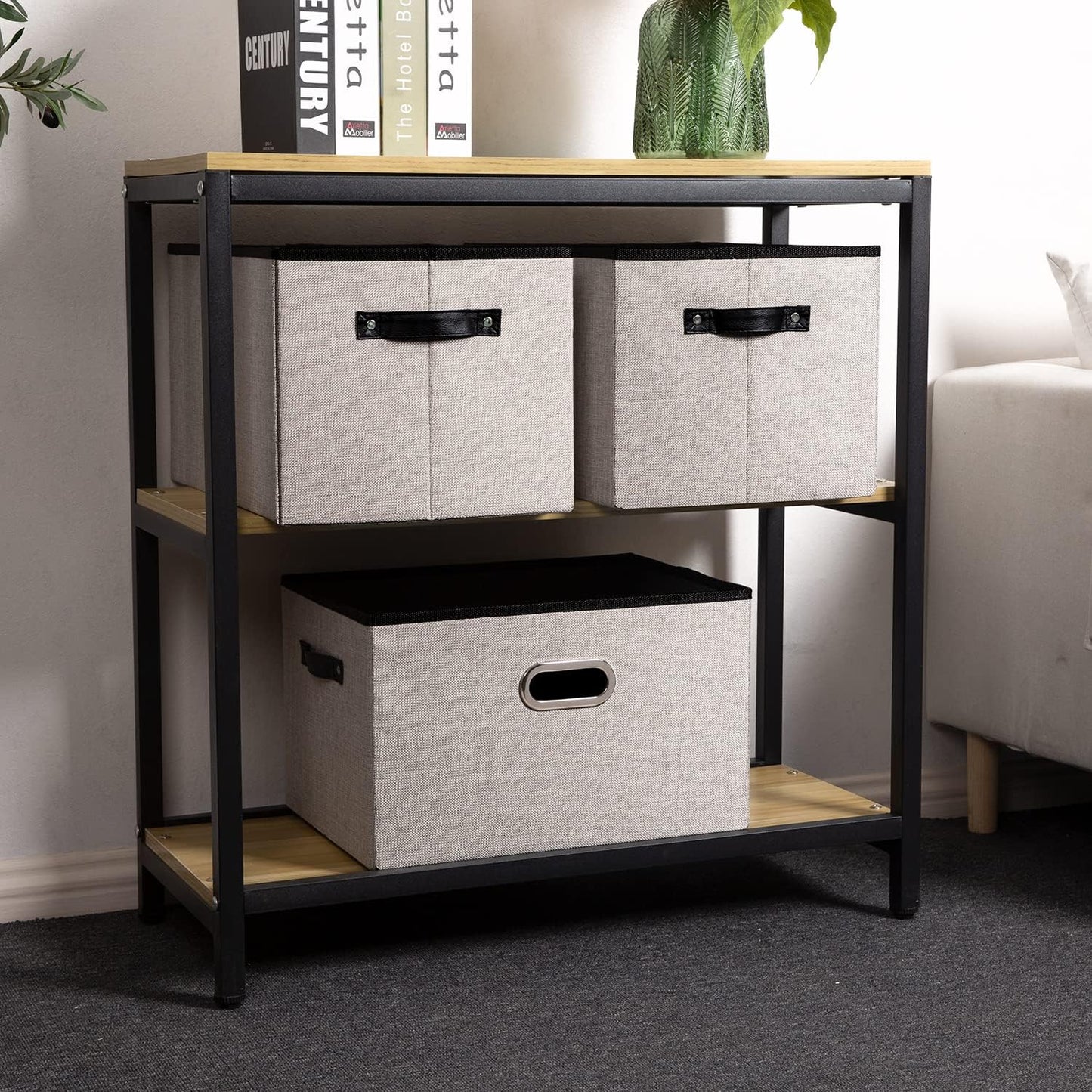 PRANDOM Larger Collapsible Storage Bins for Closet [5-Pack] Decorative Linen Fabric Storage Baskets Cubes with Leather/Metal Handles for Living Room Light Grey (17.3x12.2x10.4 Inch)