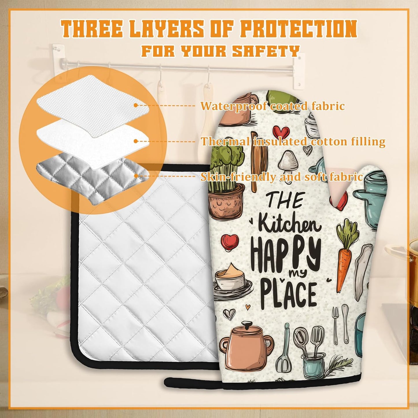 Oven Mitts and Pot Holders,The Kitchen is My Happy Place Heat Resistant Oven Mitts Gloves and Pot Holder for Home Kitchen Decorations Cooking Baking BBQ Gifts,Set of 4