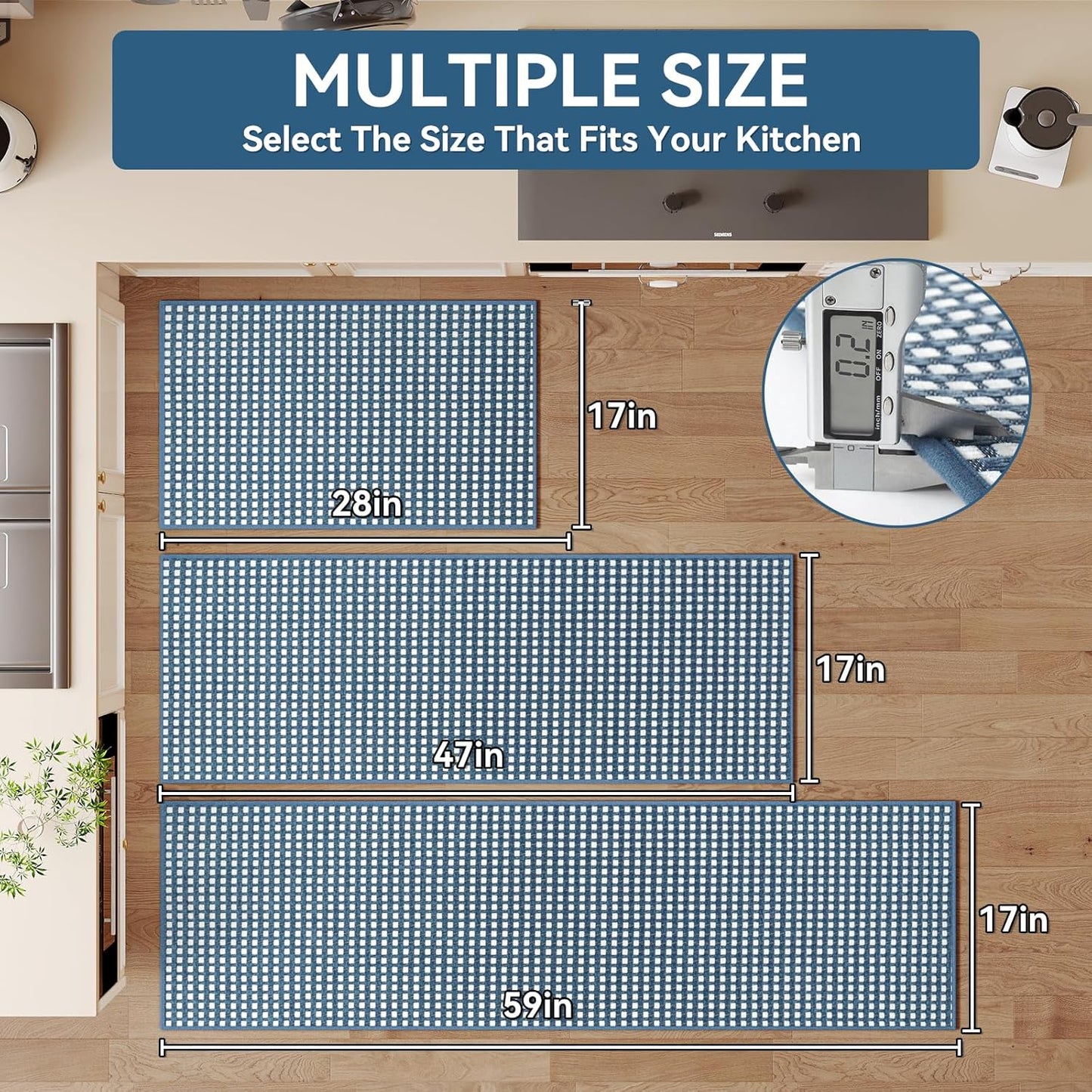 Kitchen Mat Kitchen Rugs Sets of 2 PCS Non Slip Washable, Super Absorbent Soft Braided Kitchen Mats for Floor, Rubber Backing Comfort Standing Kitchen Sink Mat Runner Rug, Blue 17"x28"+17"x47"