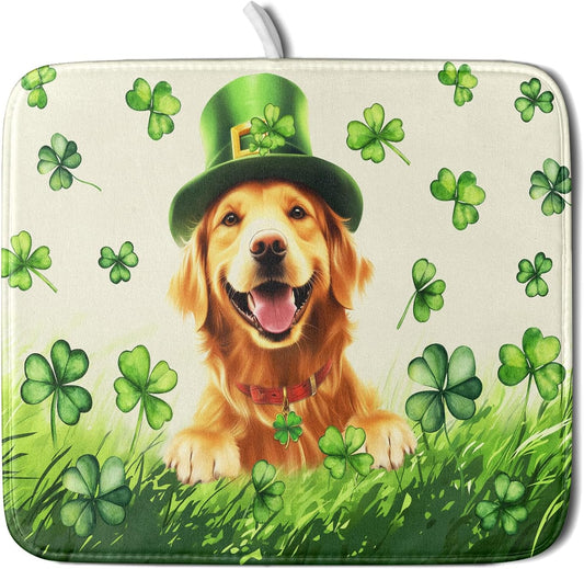 St Patrick's Day Dog Dish Drying Mat 16x18 inch Green Shamrock Dishes Pad Absorbent Microfiber Dish Drainer Mat for Kitchen Counter Coffee