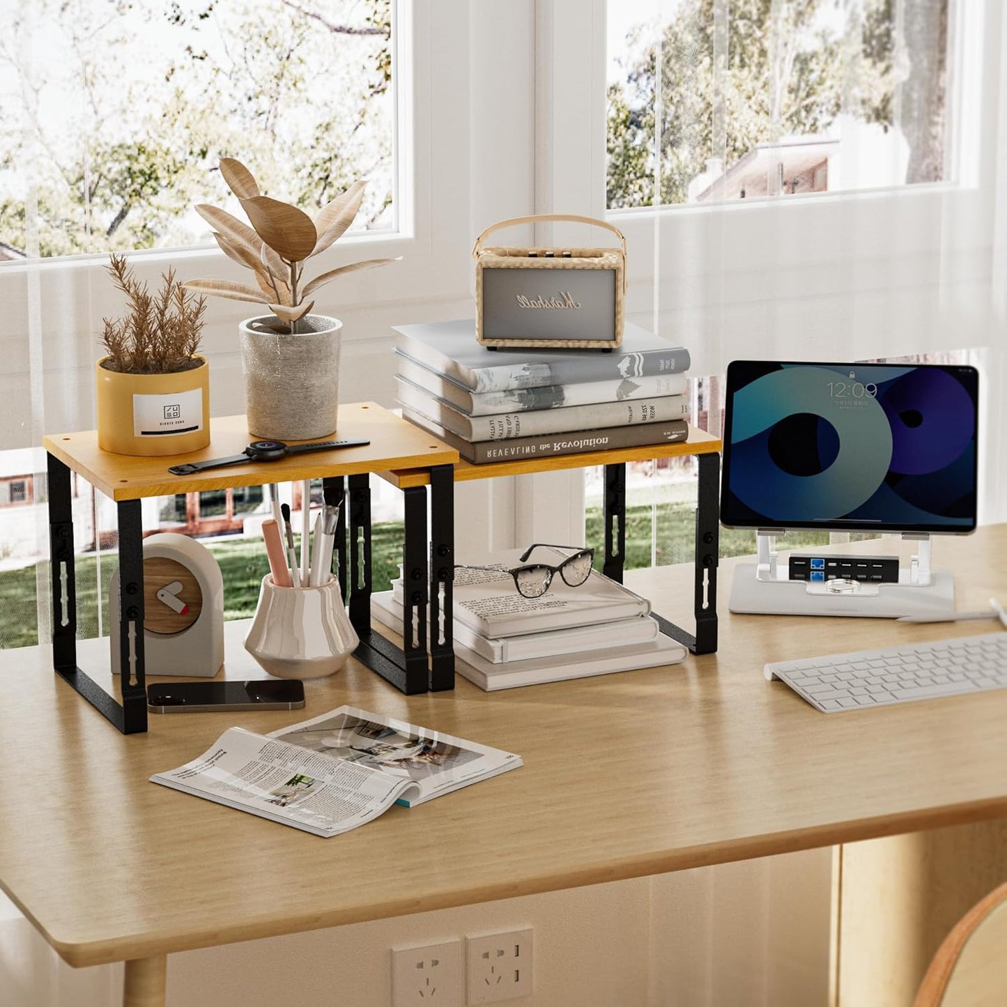 Expandable Kitchen Cabinet Organizer Shelves – Stackable Adjustable Metal and Wood Storage Racks for Countertop, Pantry, Garage Set of 2 Spice Rack – Easy Assembly, Space-Saving(2 Packs/Medium/Black)
