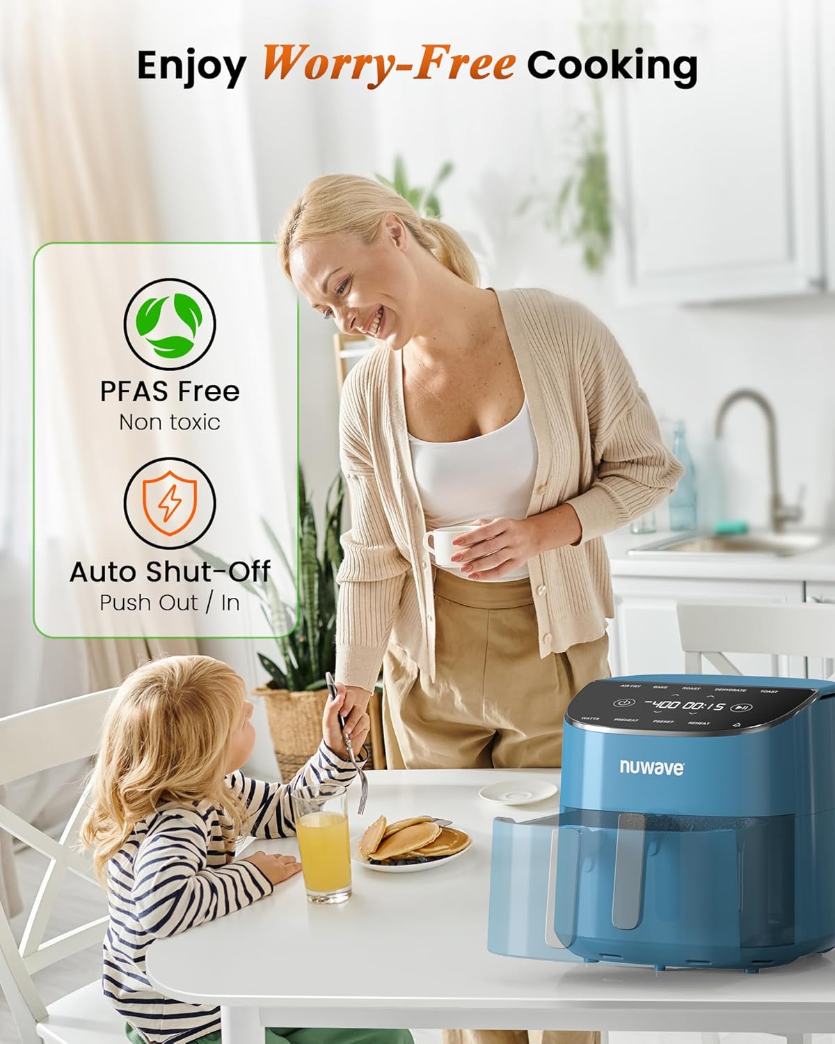 Nuwave Brio Plus Air Fryer 8 Qt, New & Improved, PFAS-FREE, 7 Digital One-Touch Cook Functions that AIR FRY, BAKE, ROAST, DEHYDRATE, TOAST, REHEAT, PREHEAT, 150 Presets, 50°F~400°F (Cozy Blue)