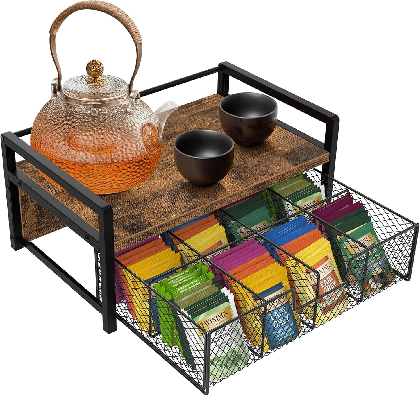 Homode Tea Bag Organizer, Wood Tea Organizers and Storage Chest, Teabag Holder with Storage Drawer,Tea Station Chest Display Container Box for Countertop Kitchen, Rustic Brown