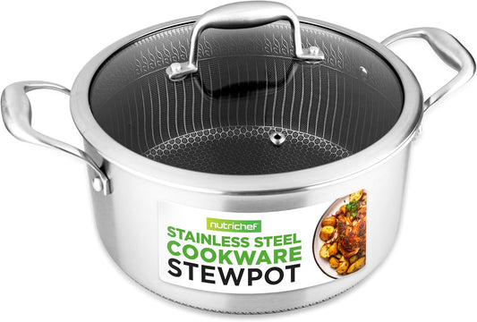 NutriChef 5 QT Stainless Steel Stew Pot - Triply Kitchenware Stew Pot with Glass Lid - DAKIN Etching Non-Stick Coating, Scratch-resistant Raised-up Honeycomb Fire Textured Pattern - NutriChef NC3PCAS