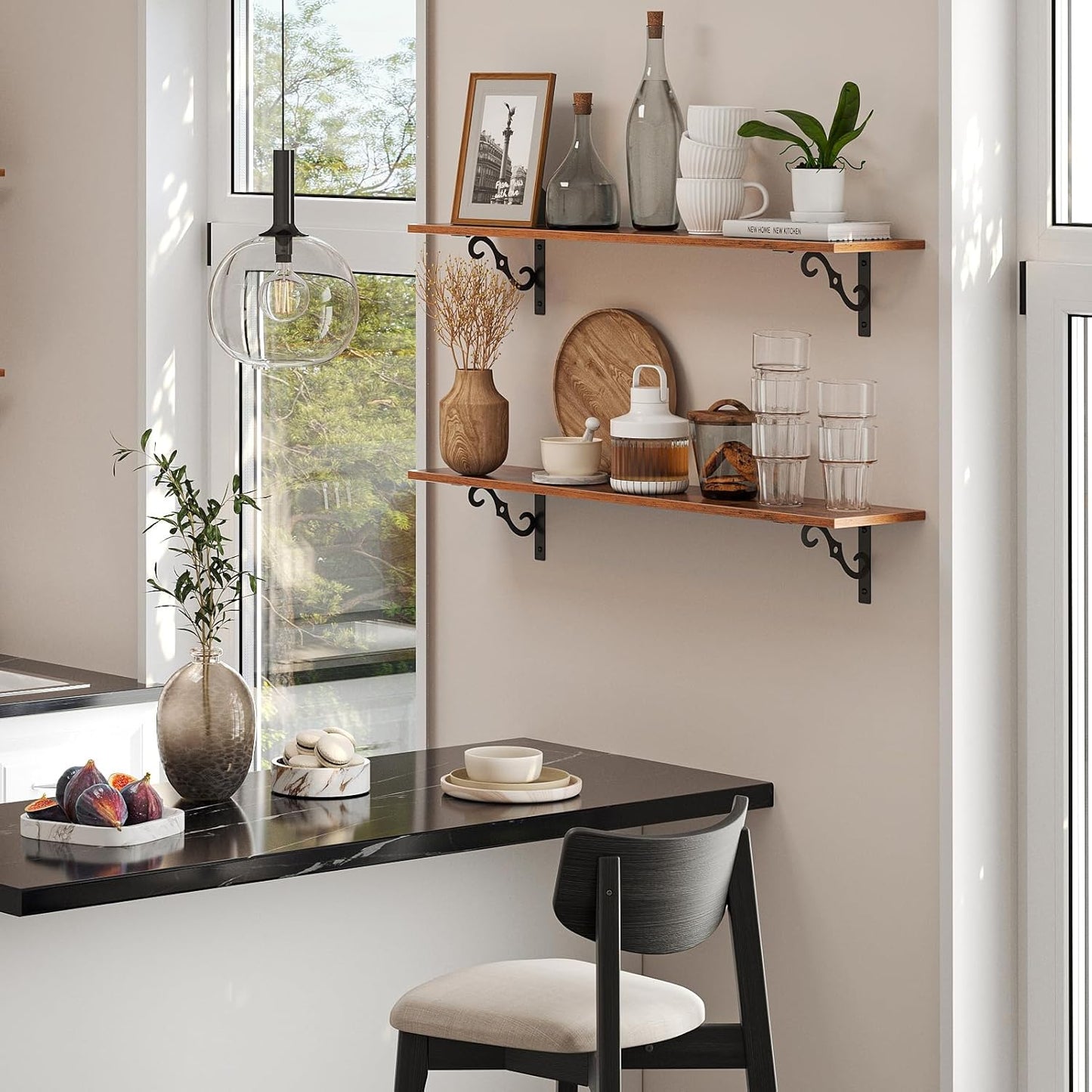 DINZI LVJ Long Wall Shelves, 31.5 Inch Large Floating Shelves Set of 2, Wide Display Shelf Wall Mounted with Brackets, Easy Hanging for Living Room, Toilet, Office, Bedroom, Rustic Brown