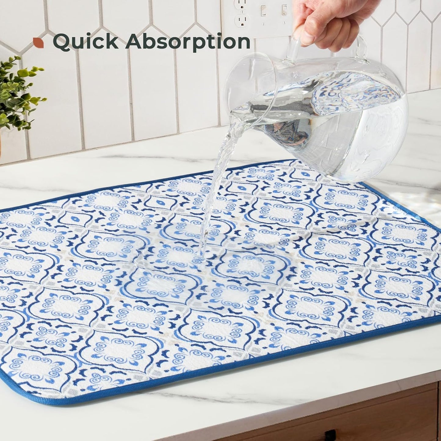 FRESHMINT Printed Dish Drying Mats for Kitchen Counter 2 Pack Absorbent Reversible Drying Mats Microfiber Kitchen Countertop Protector Dishes Drying Pad Extra Large 18"x24" Dish Mat