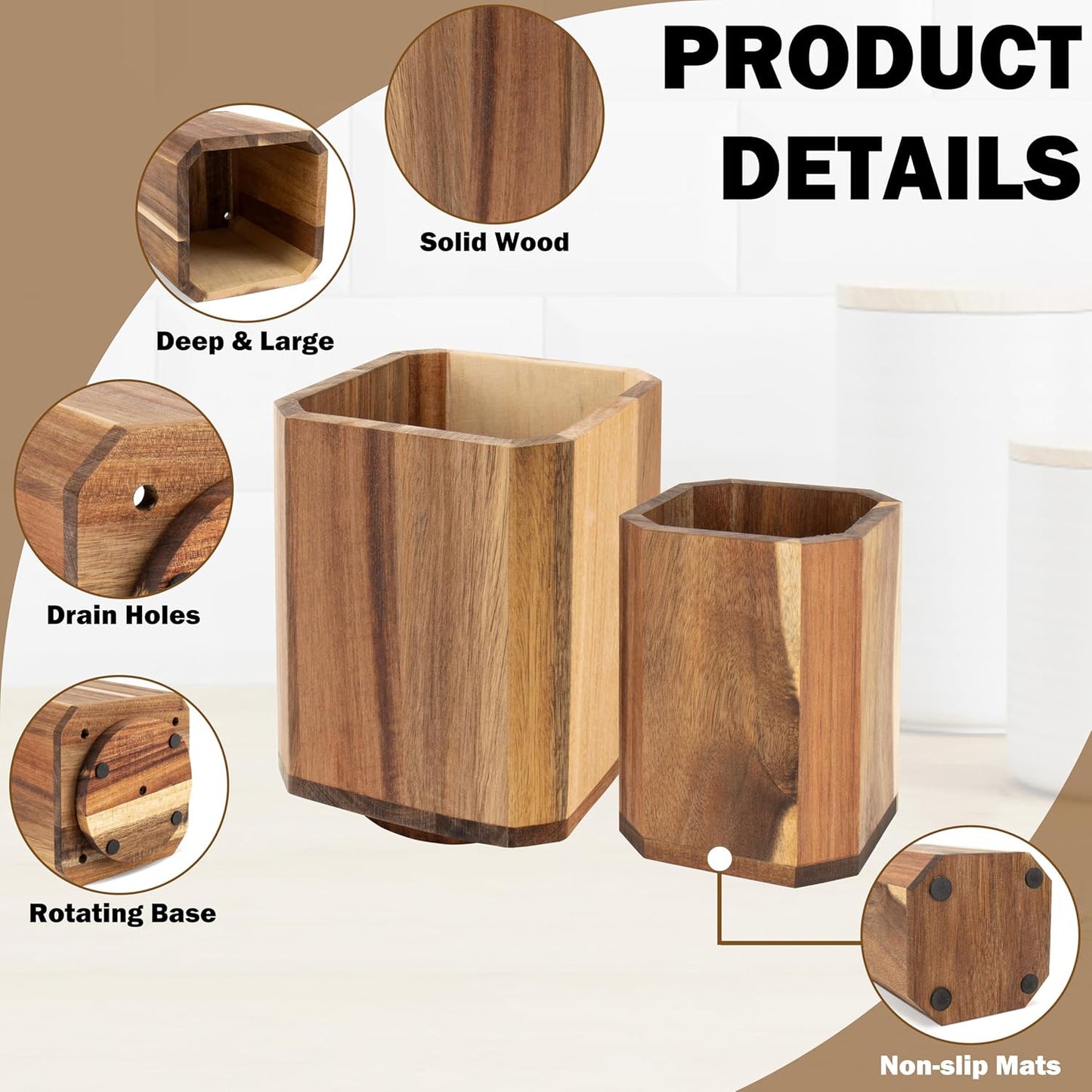 RedCall 2 Pack Acacia Wood Utensil Holder, 360° Rotating Large Cooking Utensil Organizer, Kitchen Tool Storage for Countertop,Spoon Spatula Holder for Kitchen Counter,Farmhouse Decor