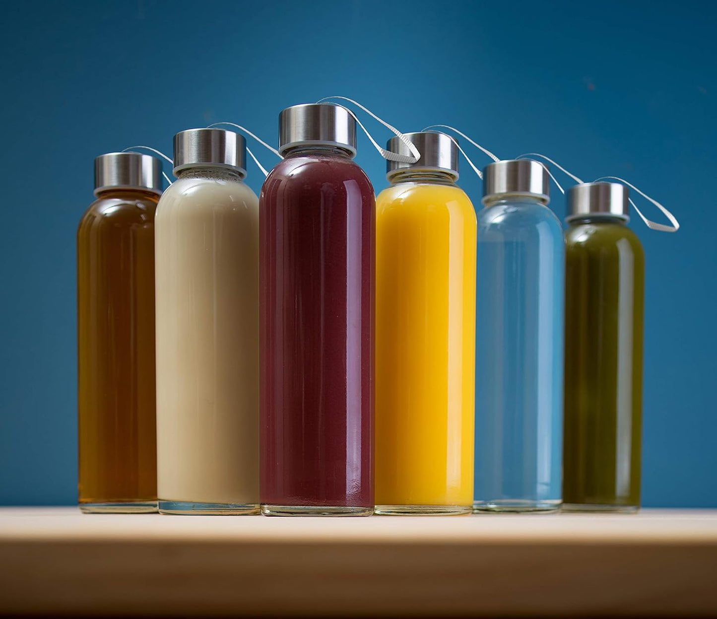 Epica glass bottles with lids – 18oz glass water bottles, reusable juice bottle with lids for storing juices, reusable water bottle durable set of 6 with Carrying Loop Caps