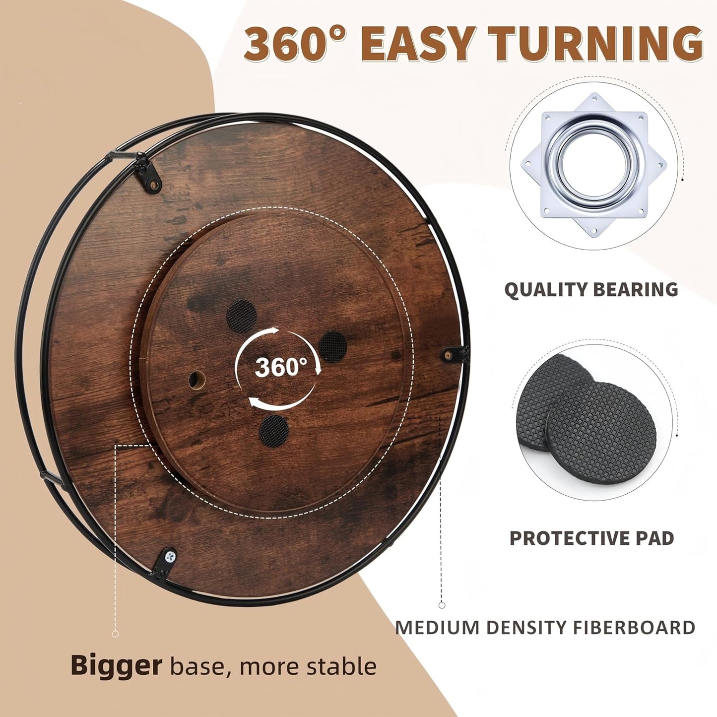 12 Inch Wood Lazy Susan, Rustic Brown Turntable Organizer with Steel Frame, 360 Degree Decorative Turntable for Countertop or Centerpieces