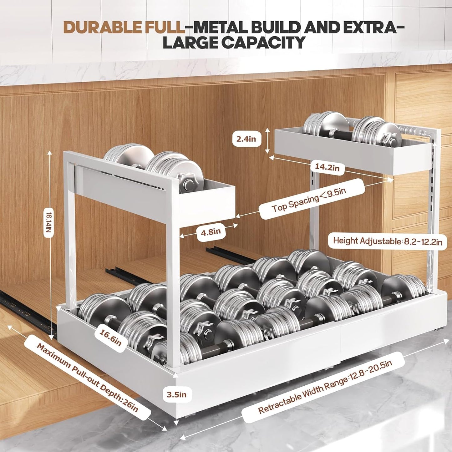 Expandable Under Sink Organizer with 3 Ball-Bearing Slide Rails, 2-Tier Pull-Out Under Cabinet Storage Shelf for Kitchen & Bathroom, Height-Adjustable Slide-Out Cabinet Drawer （White, 1-Pack）