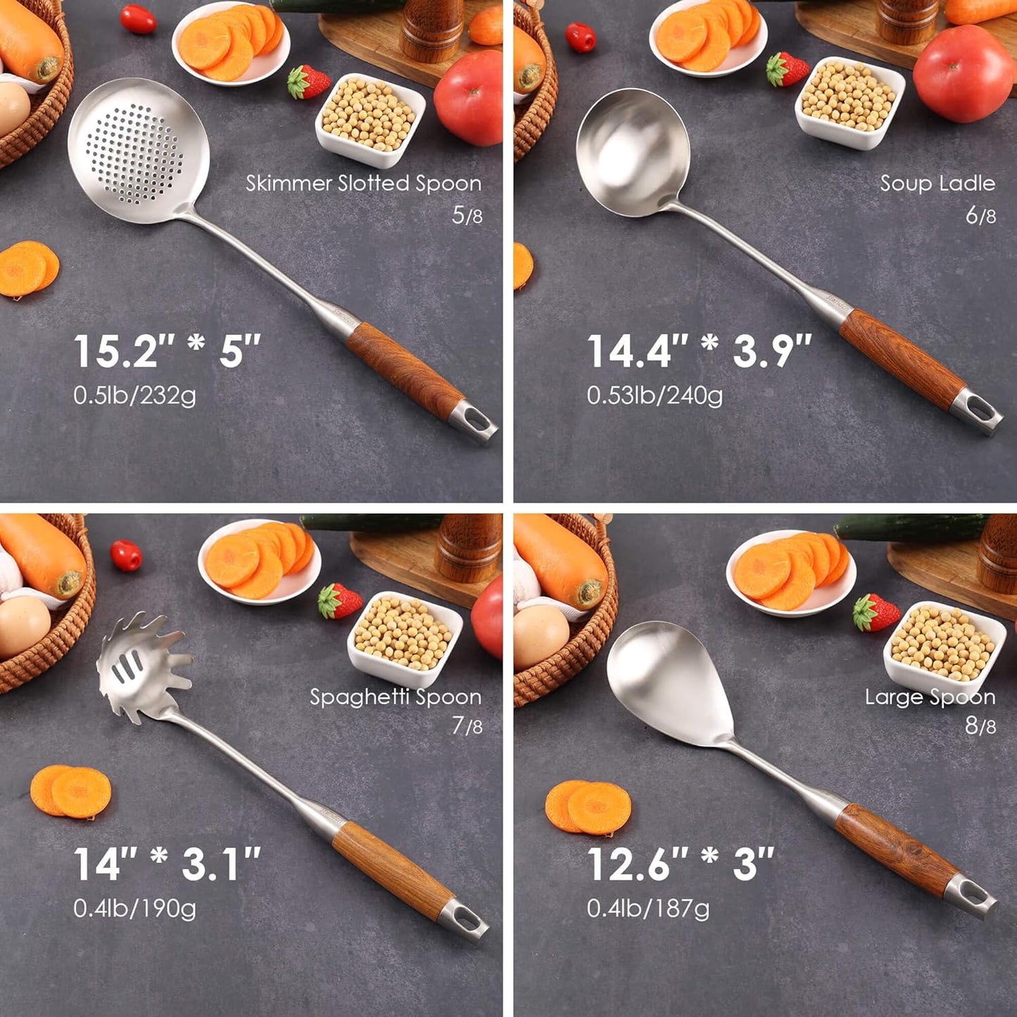 18/10 Stainless Steel Kitchen Utensils Set with Wood Handle - 15”Metal Cooking Tools & Serving Utensil, 8-Pieces Cooking Spoons Set - Spatula, Ladle, Skimmer, Turner, Pasta, Solid Spoon, Slotted Spoon