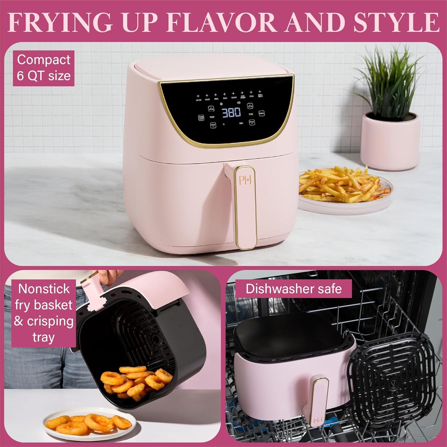 Paris Hilton Air Fryer, Large 6-Quart Capacity, Nonstick Made without PFAS, Touchscreen Display, 8-in-1 (Air Fry, Roast, Broil, Bake, Reheat, Keep Warm, Pizza, Dehydrate), Dishwasher Safe, Pink