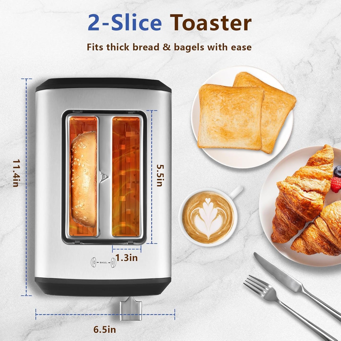 Touch screen Toaster 2 slice, Smart Digital Toasters, 6 Browning Levels & 6 Bread Types, Bagel Memory Function, Timer, Stainless Steel, 800W