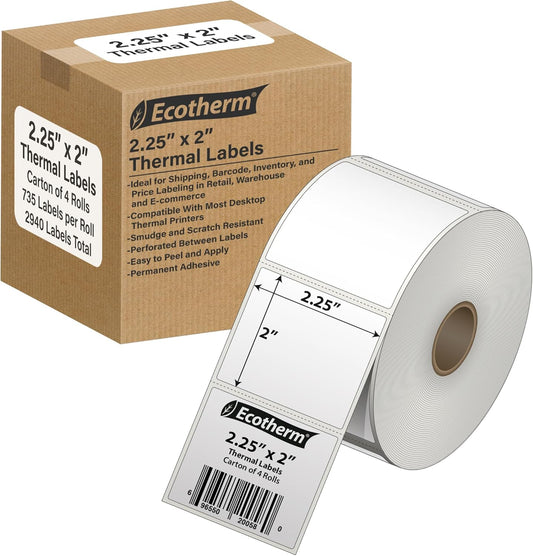 2.25" x 2" Thermal Labels | 4 Rolls | 2940 Labels | fits Zebra, Munbyn, Rollo, Godex, Arkscan, iDPRT, Offnova Thermal Label Printers and More | Blank White Adhesive Stickers by Ecotherm
