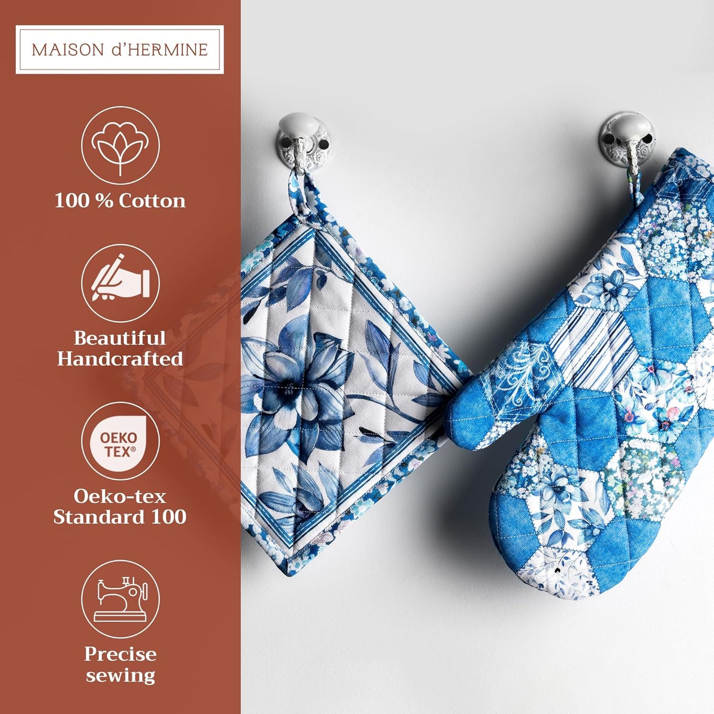 Maison d' Hermine 100% Cotton Oven Mitt & Pot Holder Set (7.5"x13" & 8"x8") Heat Resistant BBQ Cooking Gloves with Loop, Baking, Grilling, Kitchen, Handling Hot Pans Spring/Summer (Summer Blues)