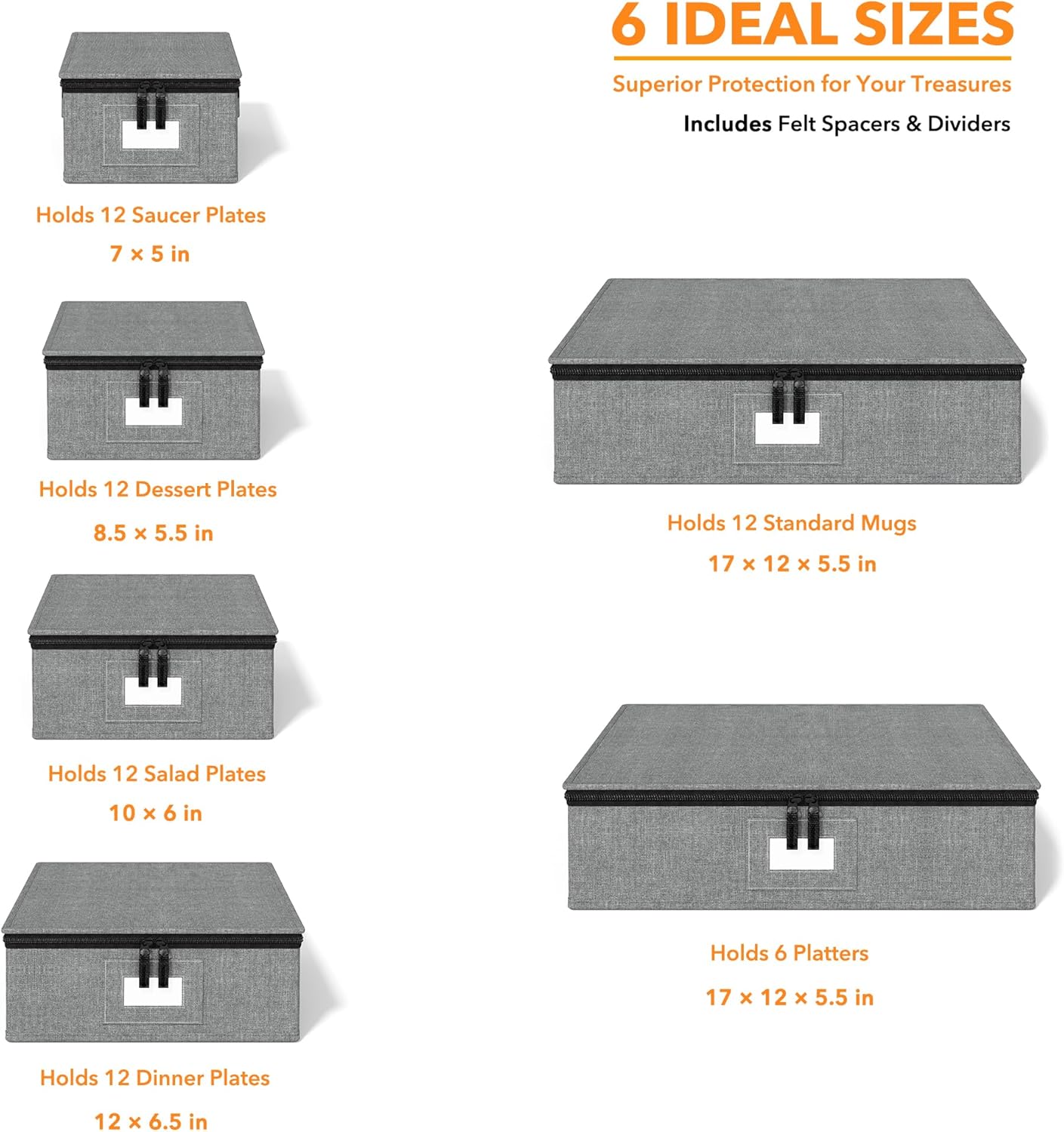 SpaceAid China Storage Containers 6 Pack, Stackable Hard Shell Quilted Cases with Soft Plate Separators, Moving Supplies Packing Boxes for Dishes, Plates, Platters, Mugs, Cups (Grey)