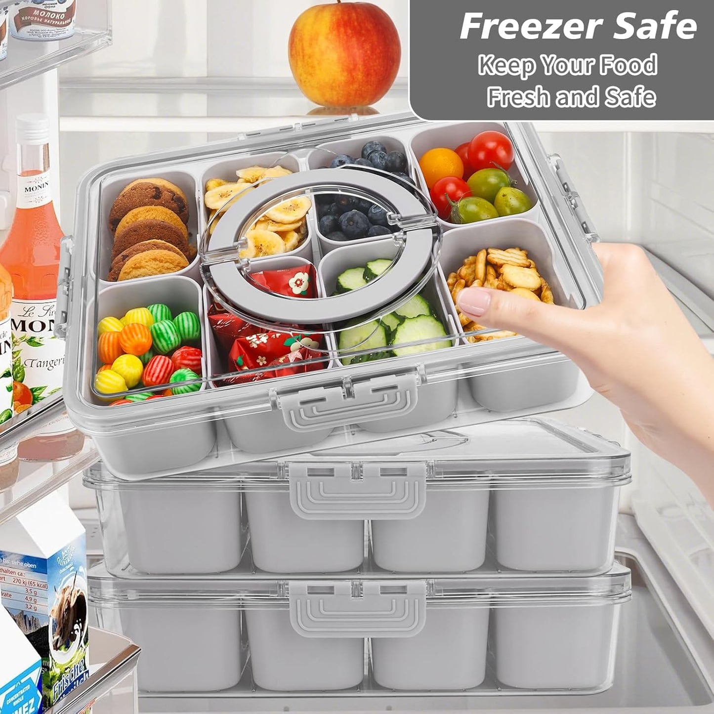 shopwithgreen Snackle Box Container, Divided Serving Tray with Lid and Handle for Party, Veggies, Fruit, Nuts, Food Tray Platter Charcuterie Snack Box Container for Entertaining, Picnic,Gray