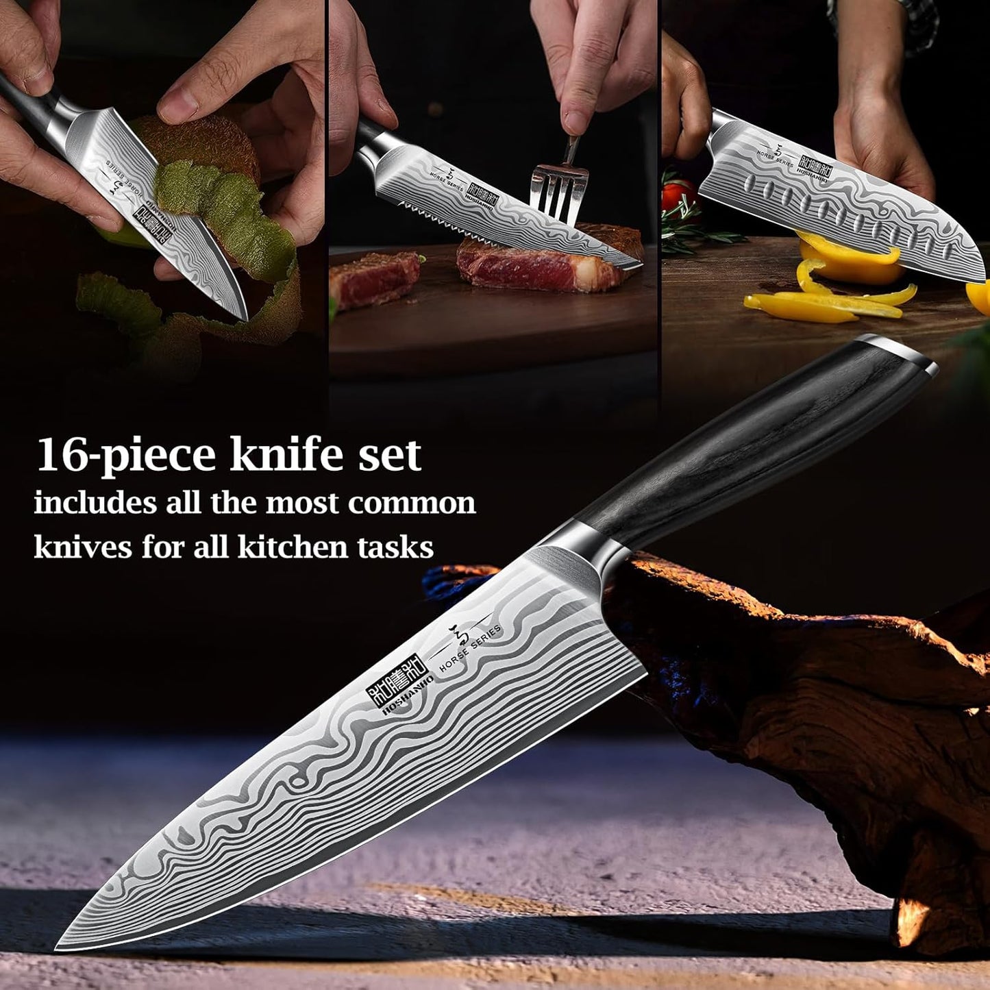 HOSHANHO 16-Piece Knife Set with Block, Ultra Sharp High Carbon Powder Steel Knife Block Set, Chef Knife Set Professional Kitchen Knives Set with Sharpener and Pakkawood Handle