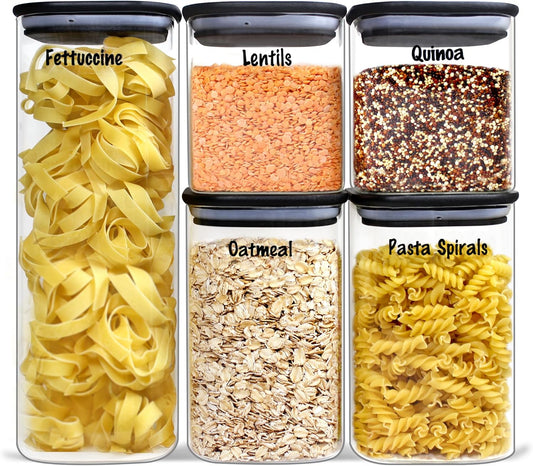 Urban Green Glass Jars with Black Bamboo Lids, food storage sets with airtight black lids, Glass Canisters Sets, Kitchen Organizing Jars (5 Sets of 27oz, 38oz, 66oz)