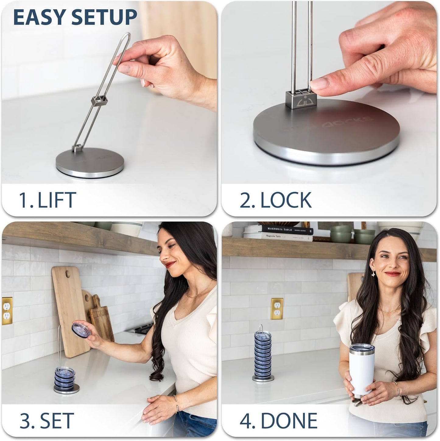 Tumbler Lid Organizer for Cabinet & Countertop - Slim Space-Saving Lid Holder with 9" Sturdy Bar & Weighted, Non-Slip Base - Vertical Storage Cup Lid Organizer - Collapsible Lid Rack for 10 Lids