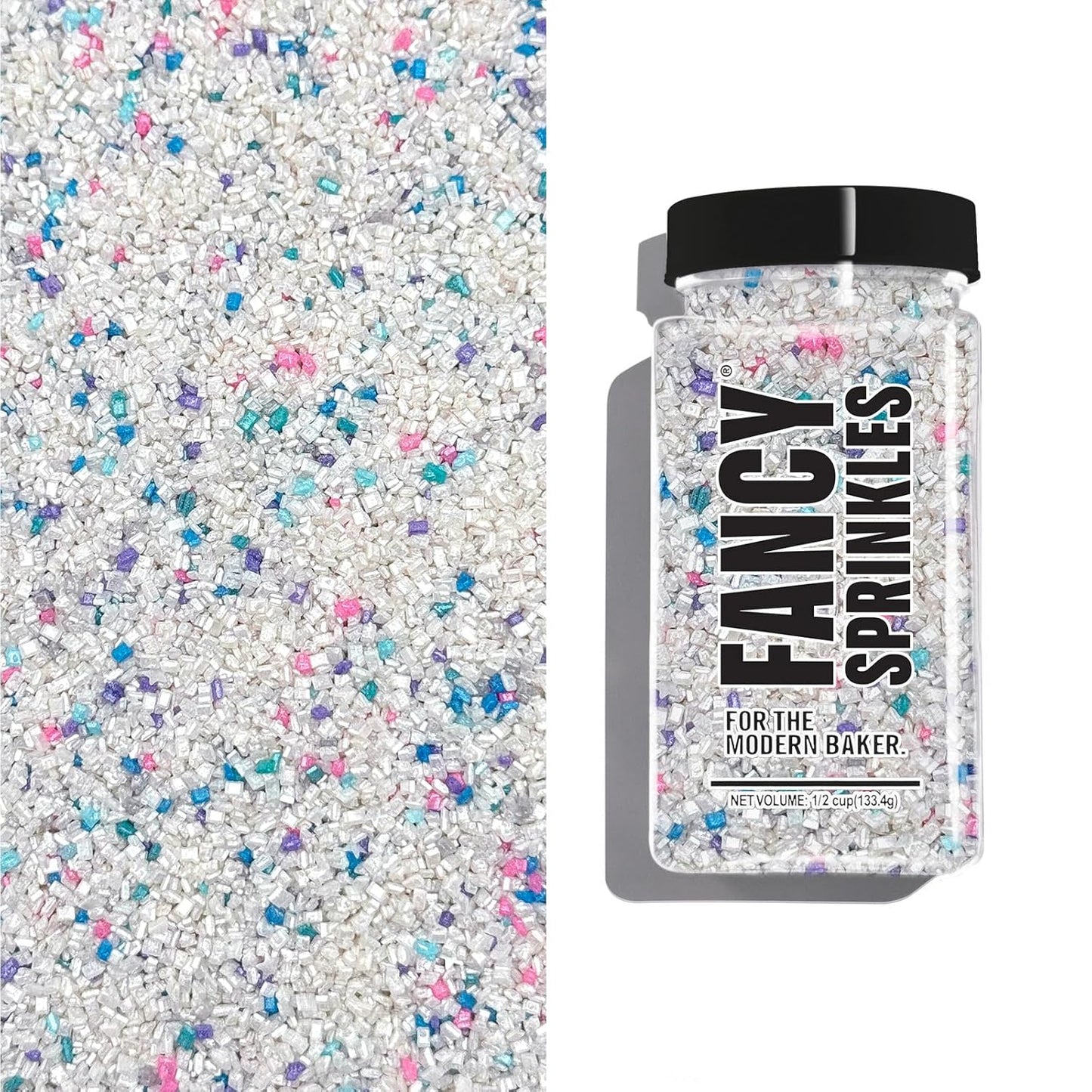 Fancy Sprinkles Unicorn Breath Fancy Sugar Pearlescent White Sugar Crystals Flecked with Blue, Purple, Pink, and Teal Sugars, and Silver Mini Edible Glitter Stars (4 OZ)
