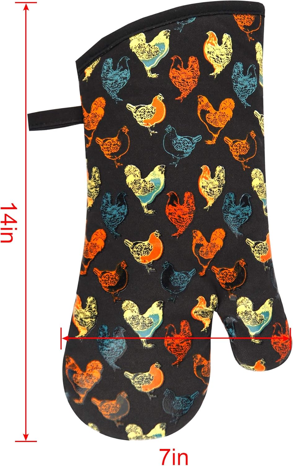 Oven Mitts Gloves 1 Pair Heat Resistant 480 ℉ Non Slip Clear Silicone Printed Rooster Comfortable Cotton Lining Kitchen Men Cooking Barbecue Machine Washable (Rooster, Black Mittens)