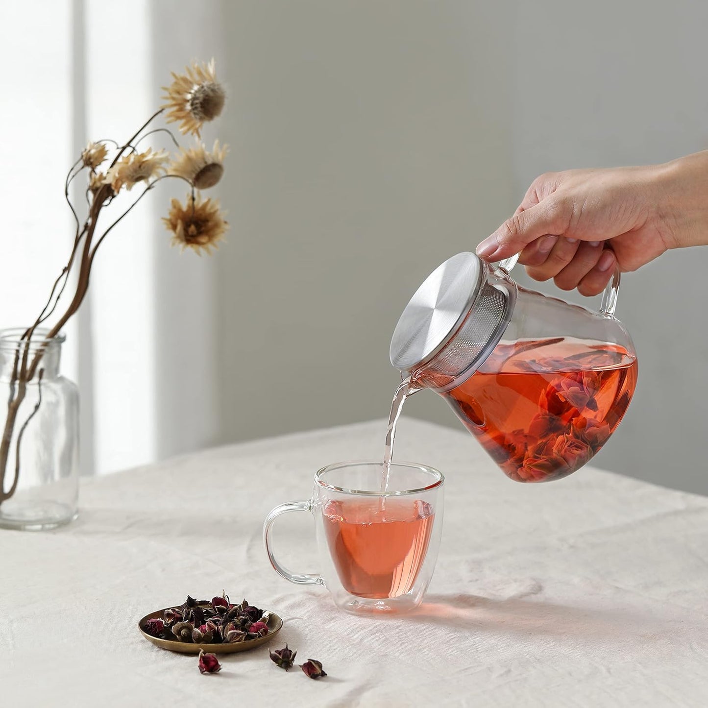 CNGLASS One-Touch Glass Teapot with Stainless Steel Filter Lid,20oz(600ml) Glear Tea Kettle Stovetop Safe,Borosilicate Glass Tea Pots for Loose Leaf Tea