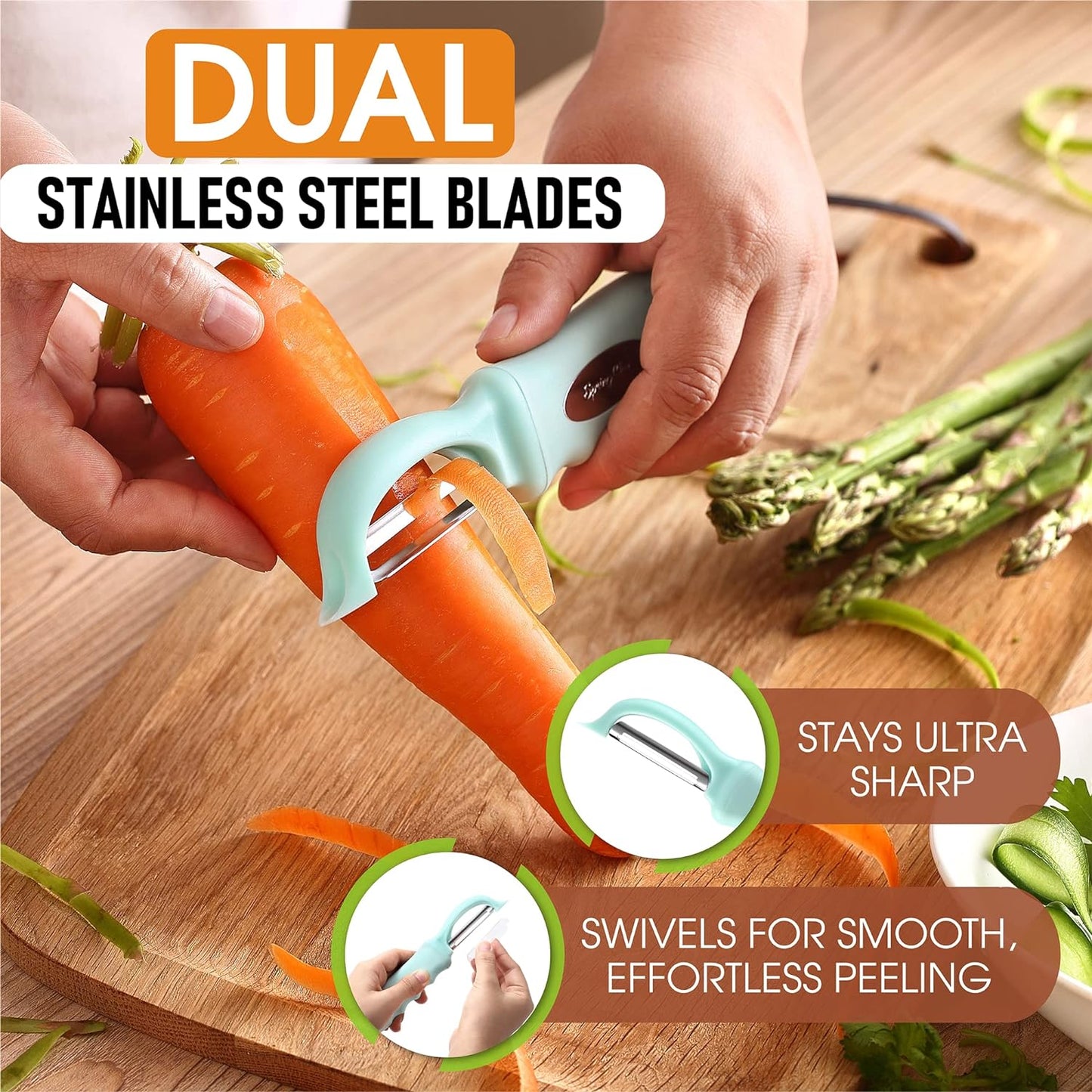 Spring Chef Premium Swivel Vegetable Peeler with Soft Grip Handle & Ultra Sharp Blades - Stainless Steel Potato Peeler - Kitchen Gadgets for Veggie, Fruit, Carrot, Apple, Cucumber - Mint