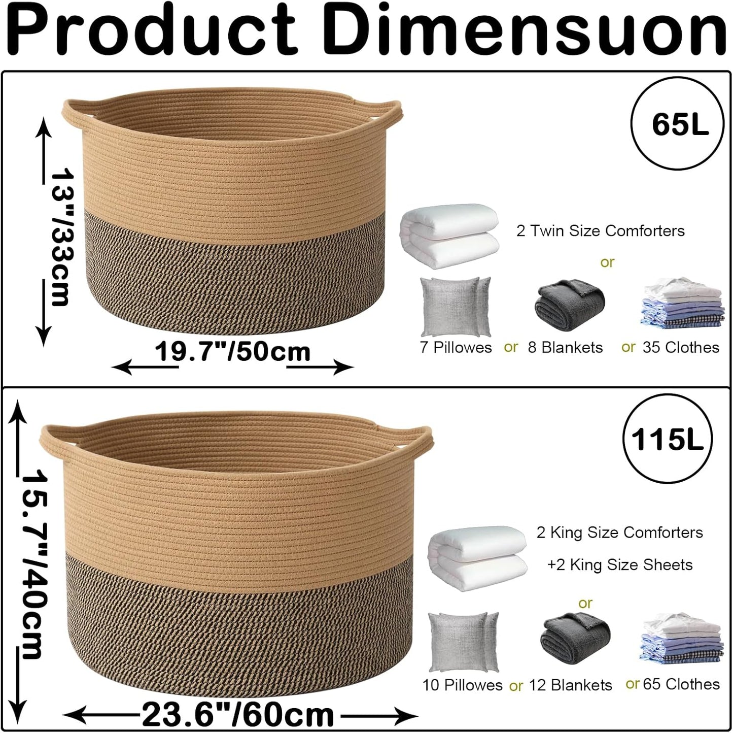 Large Blanket Basket for Organizing,115L Closet Organizers and Storage Bins Box for Shelves Woven Rope Storage Baskets,Living Room,Bedroom,Dorm,Laundry room (Jute&Black)