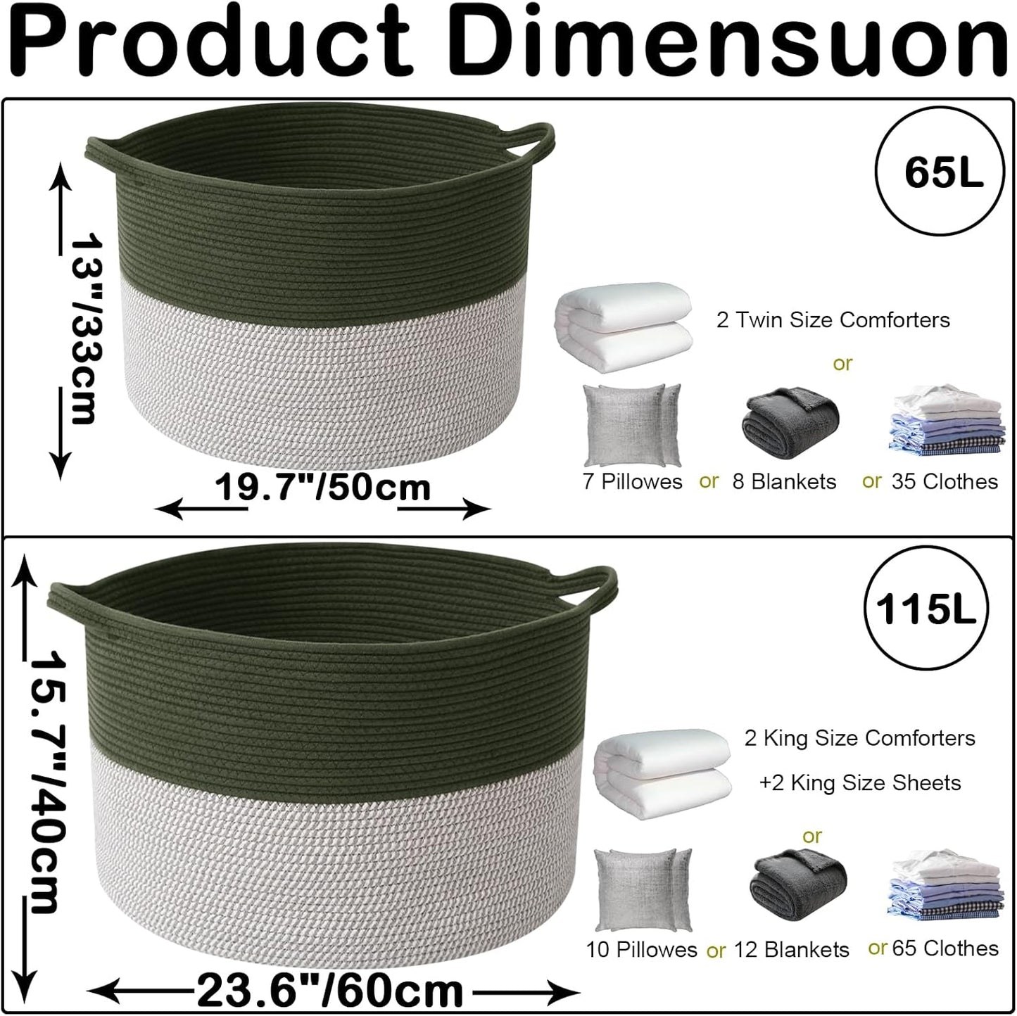 Large Blanket Basket for Organizing,65L Closet Organizers and Storage Bins Box for Shelves Woven Rope Storage Baskets,Living Room,Bedroom,Dorm,Laundry room (Green&White)