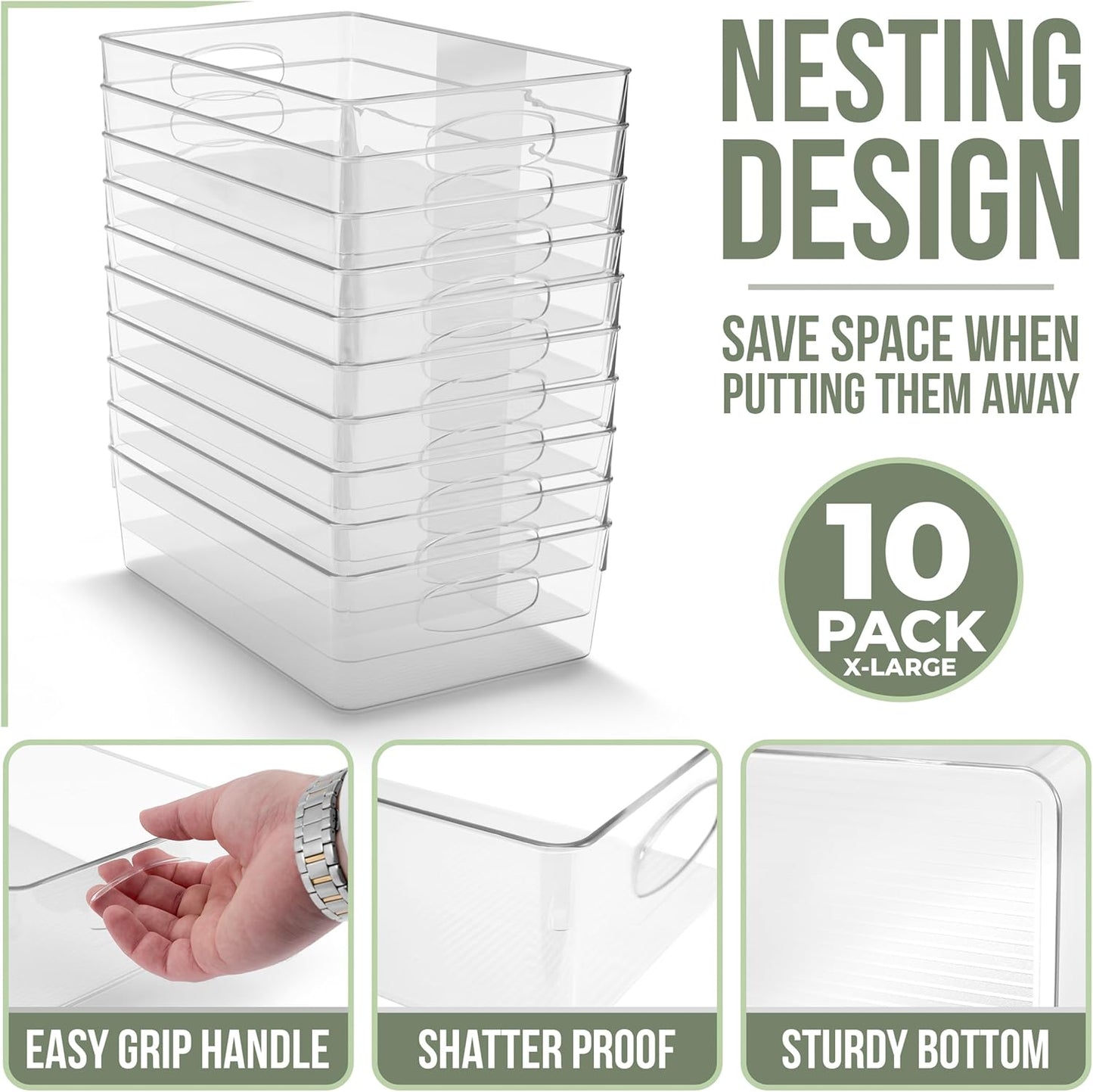 Sorbus 10-Pack XL Clear Plastic Organizing Bins – Clear Bins for Organizing, Refrigerator Organizers, Fridge Organizer, Pantry Storage, Kitchen Organizer, and Pantry Organizers and Storage Bins