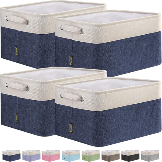 BALEINE 4 Pack Fabric Storage Bins for Shelves, Linen Storage Baskets for Organizing, Decorative Closet Bins for Clothes, Home (Navy Blue, 12"x8"x8")