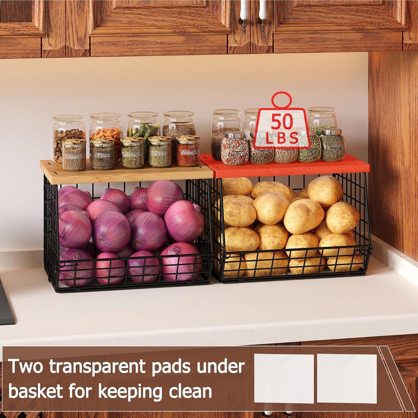 2 Set Stackable Wire Basket with Wooden Tops & Pad for kitchen organizers and storage, XXL Kitchen Counter Organizer for Fruit, Vegetable, Bread, Potato and Onion Storage Bin